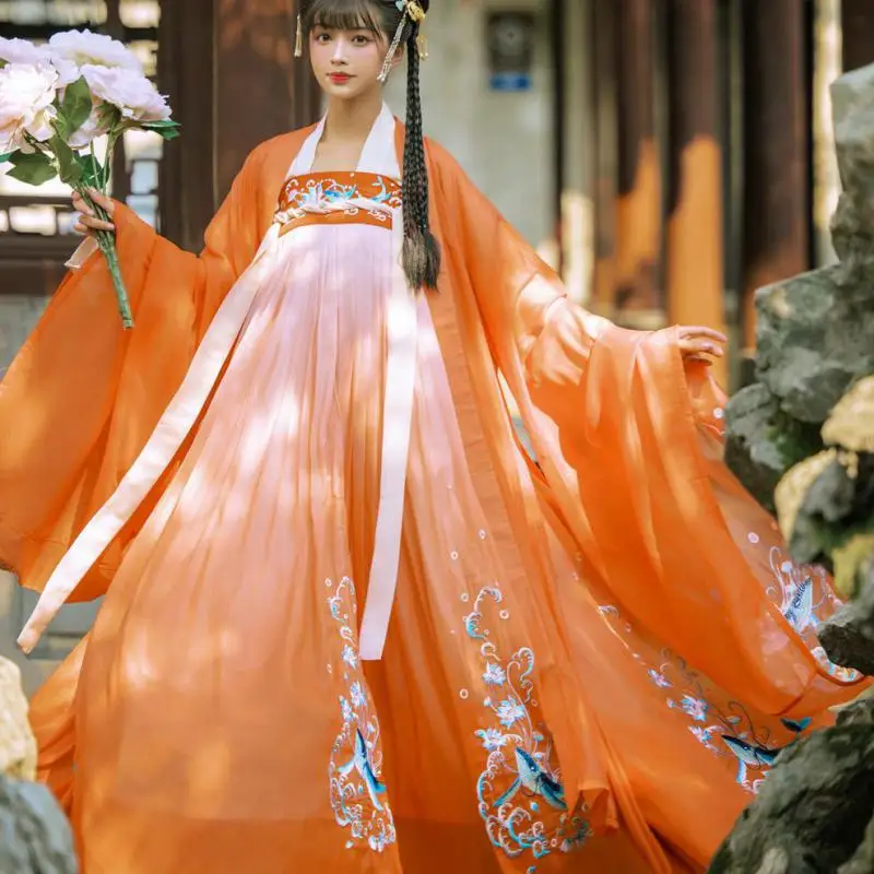 

New Style Orange Breast Length Dress Women Embroidery Spring Autumu Hanfu Suit Satin Long Sleeve Performance Clothing