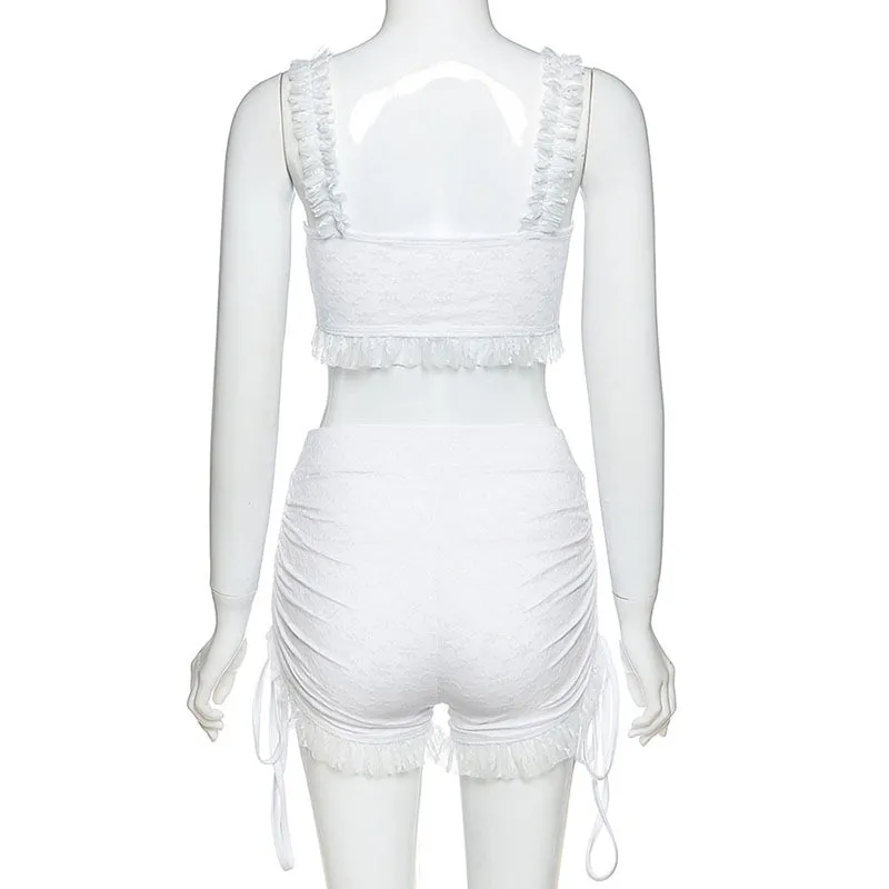 

Artsu Sleeveless Lace Patchwork Bandage Sexy Camis Ruched Shorts 2 Pieces Set Summer Women Fashion Outfits Tracksuit
