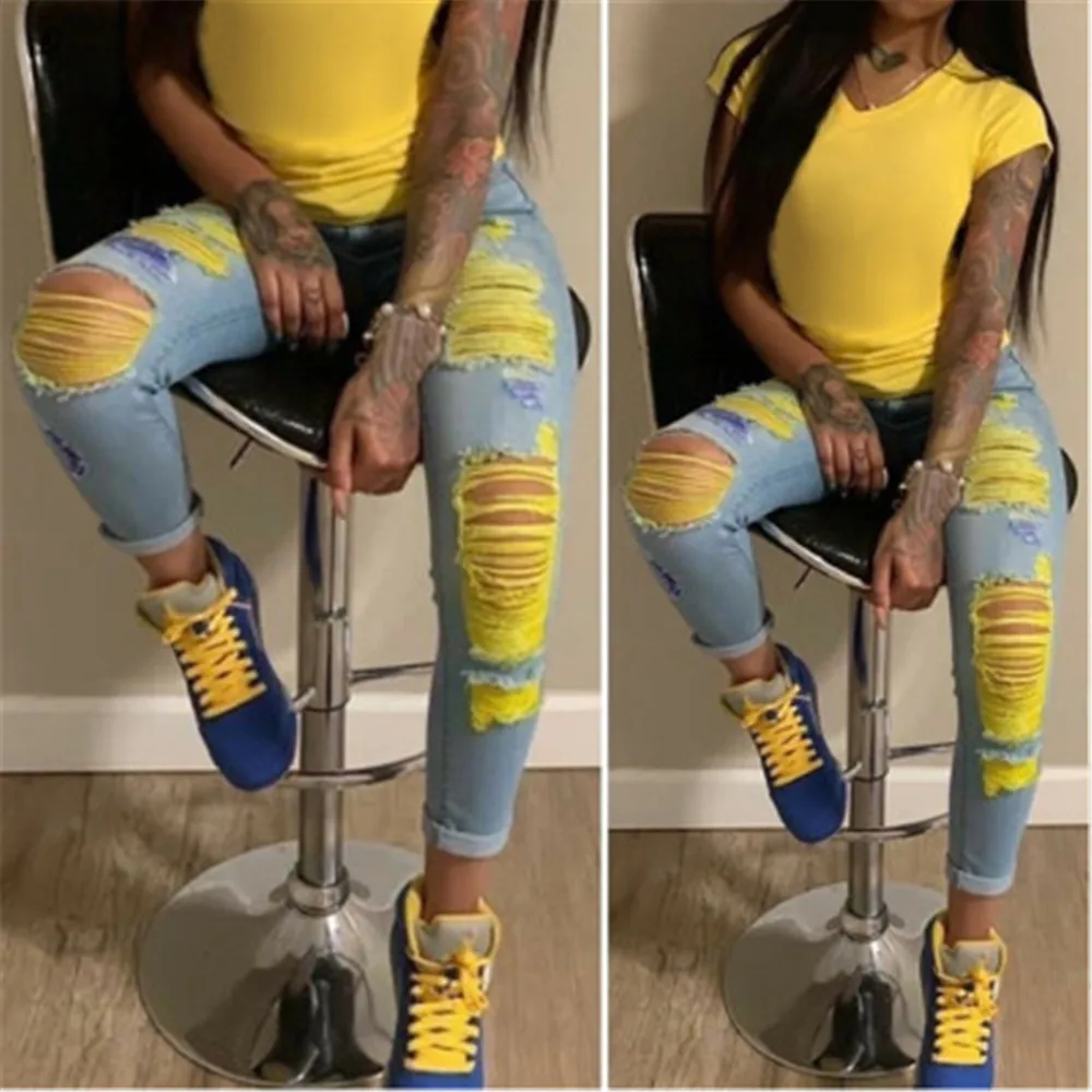 

Female ripped jeans Slim female feet jeans hot sale high waist female jeans hot sale female tie-dye jeans casual pencil pants