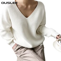 ouslee 2021 spring autumn long sleeve sweater women v neck basic solid pullovers female korean style casual knitted sweaters top