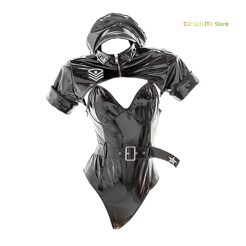 

Women Policewoman Series Patent Leather pajamas Bodysuit Japanese Uniform Black Punk Short Tops Sexy Underwear Suit Cosplay