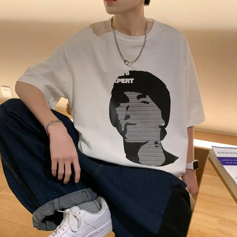 

100% Cotton Male Streetwear Men Hip Hop Korean Style Couple T Shirt High Street Tops White Print O-Neck T Shirts Males Gothic