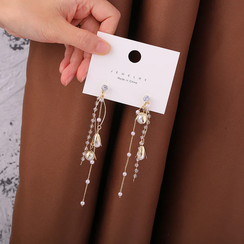 

2020 Fashion Long Tassel Simulated Pearl Flower Drop Earrings Crystal Beaded Dangle Earrings for Women Wedding Brides Jewelry