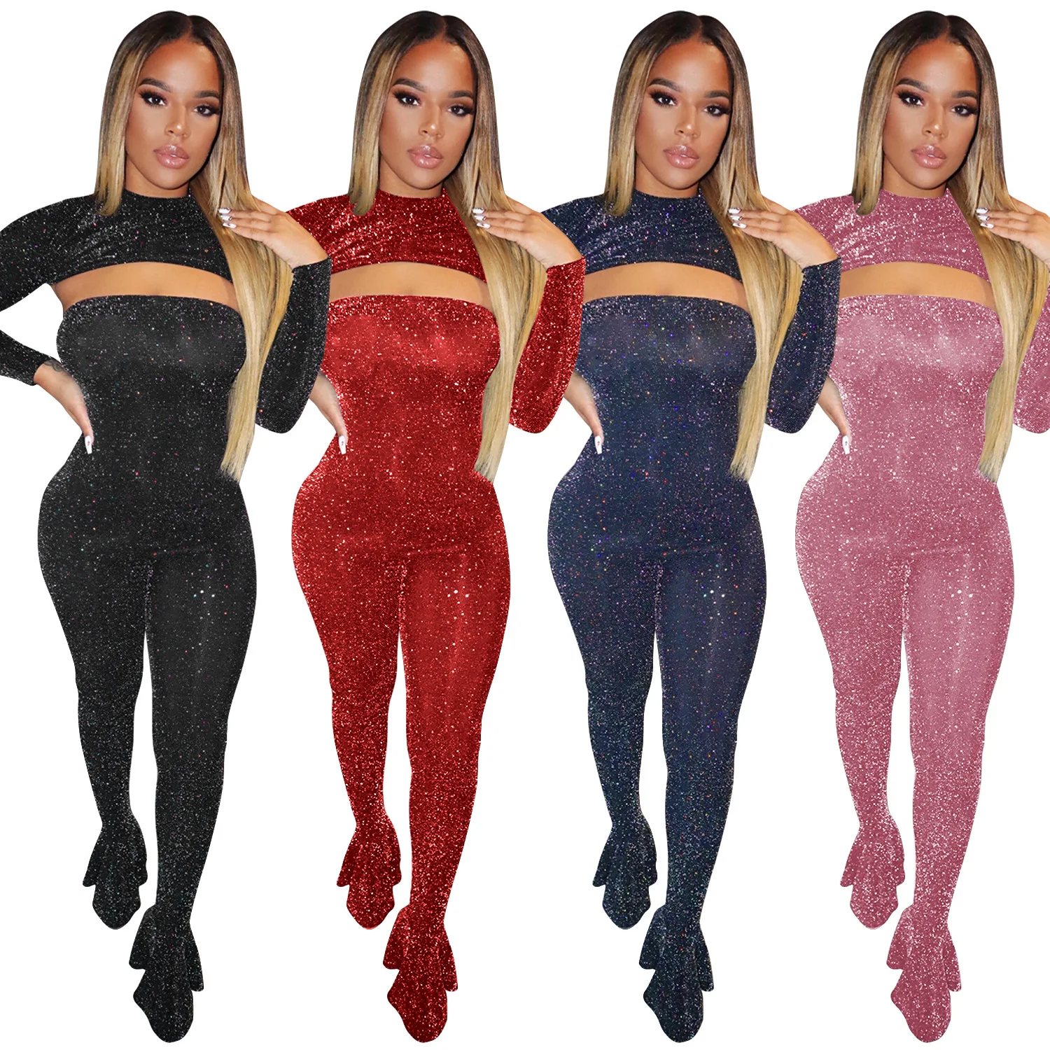 

Комплект из двух предметов, накидка с длинным рукавом, Топ без бретелек, расклешенные брюки, комбинезон, блестящий, для ночного клуба, рождес...