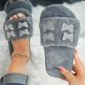 Winter Women Home Slippers Furry Warm Cotton Shoes Cozy Luxury Rhinestone Butterfly Decorate Shoes Memory Foam Soft Slippers