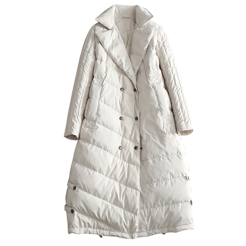 Винтажный стиль, белые пуховики на утином пуху,, Зимние новые модные Свободные теплые пуховики, Женская Длинная Верхняя одежда