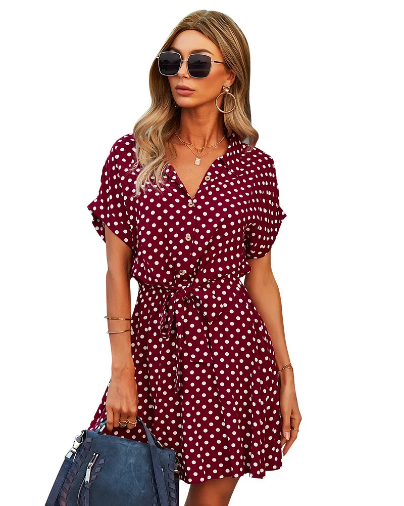 

2021 new Dress Polka Dot Vintage High Waist Mini Casual Women Dresses Loose Short Sleeve Single-Breasted Slim Robe