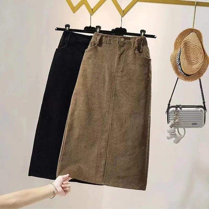 Женская Вельветовая юбка-карандаш с высокой талией разрезом винтажная