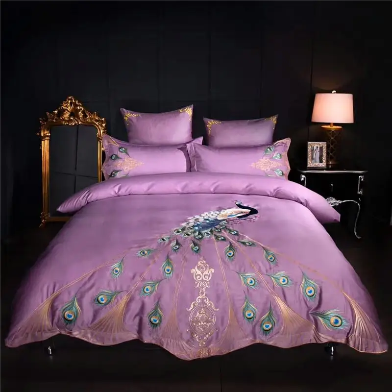 

Oriental Luxury Bed set Purple Blue Egyptian Cotton Embroidery Peacock Bedding set Queen King size Duvet cover Bed sheet set