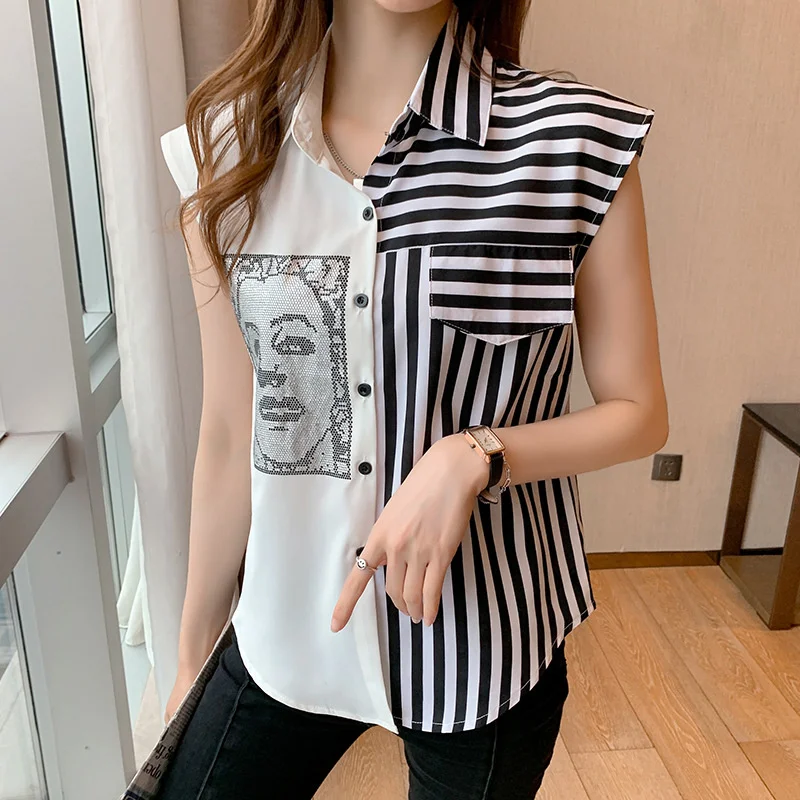 

#5025 Summer Spliced Color Casual Shirt Women Turn-down Collar Sleeveless Shirt Sexy Slim Printed Chiffon Designer Shirt Daily