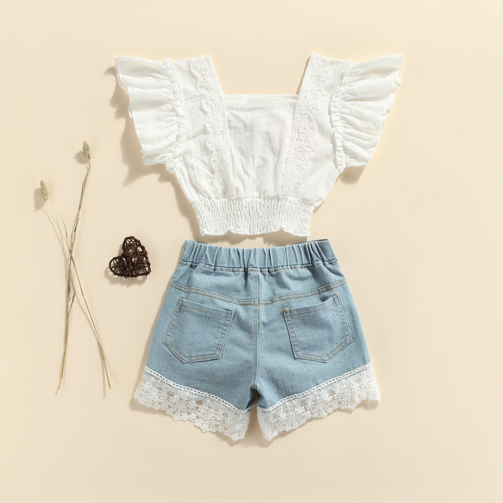 

2pcs Summer Fashion Girls Clothes Sets 3-8Y Floral Printed Ruffles Short Sleeve T Shirts Lace Denim Shorts