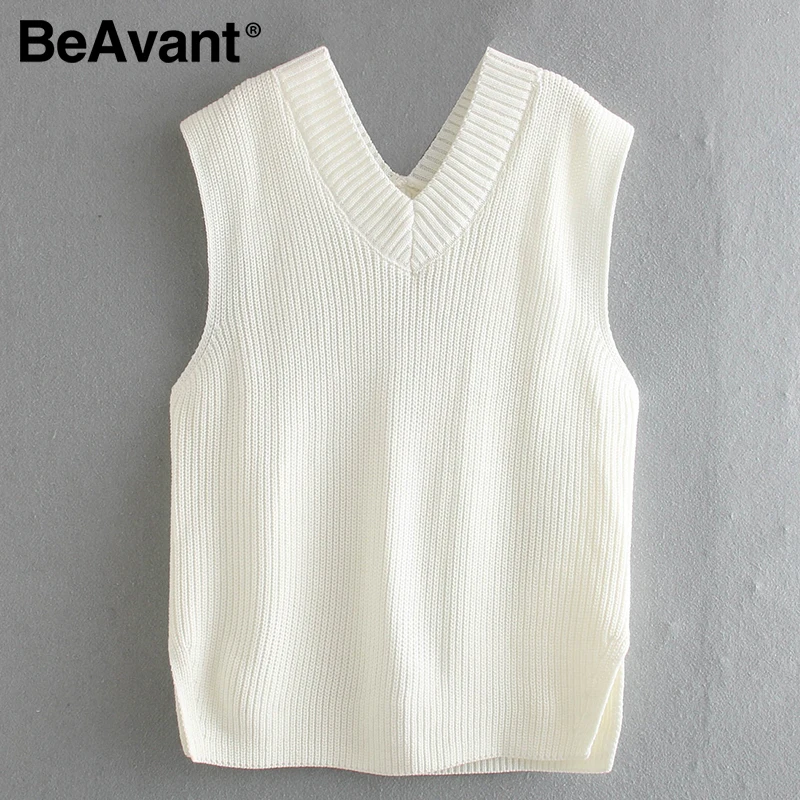 

BeAvant Fashionable White V-Neck Sweater Winter cosy sleeveless loose women's Pullover High street casual soft sweater 2020 NEW