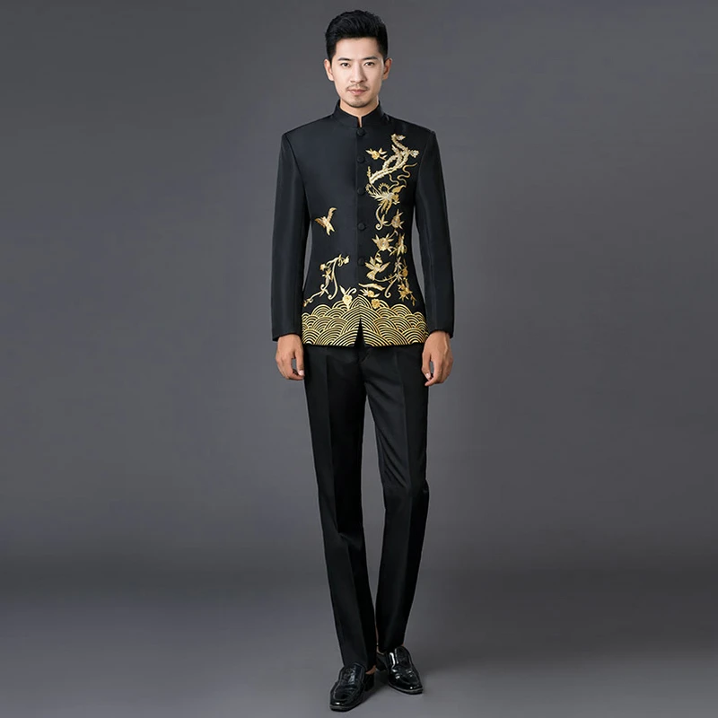 Костюм мужской свадебный из 2 предметов с вышитыми блестками и цветами|Костюмы| |