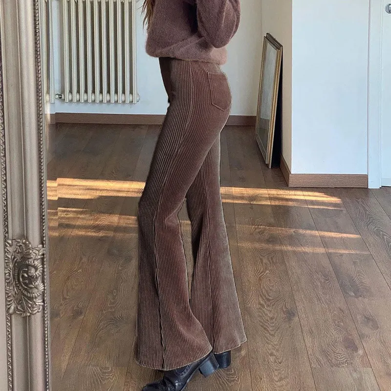 

Autumn High Waist Pockets Women's Flare Pants Pink Corduroy Female Pant Spring 2021 Trend New Streetwear Casual Ladies Bottoms