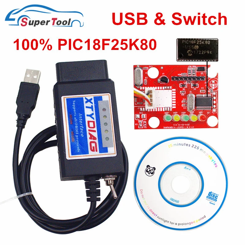 Диагностический сканер OBD2 с чипом PIC18F25K80 USB ELM327 V1.5 ELM 100% V1.5/327 переключатель CA/MS CAN