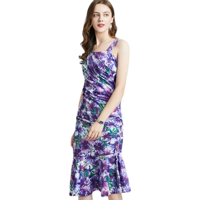 

COIGARSAM Print Women dress Spring Summer Spaghetti Strap Dresses Purple 339