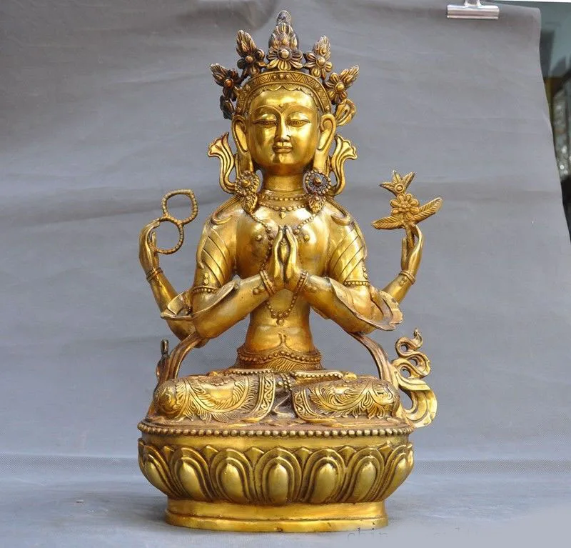 

christmas Tibet Buddhism bronze Gilt 4 arms Chenrezig Buddha Avalokiteshvara Buddha statue new Year