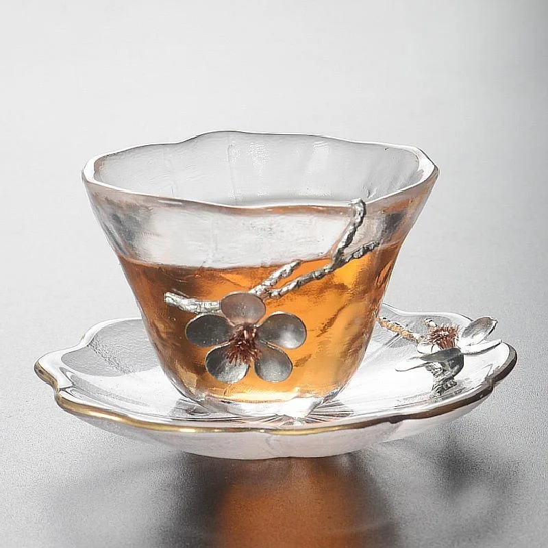 

Glass Kung Fu Tea Set Creative Heat Resistant Transparent Small Teacup with Coaster Master Cup Holder Plum Blossom Decoration