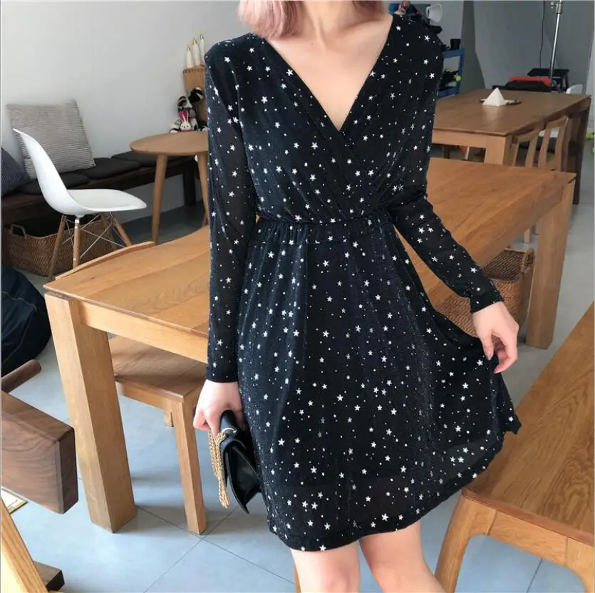 Платье с v образным вырезом и принтом звездное небо звездная луна черные вечерние