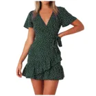 Женское модное платье с v-образным вырезом, плиссированное мини-платье с поясом, Повседневные Вечерние платья, летнее платье с коротким рукавом, свободное мини-платье зеленого цвета