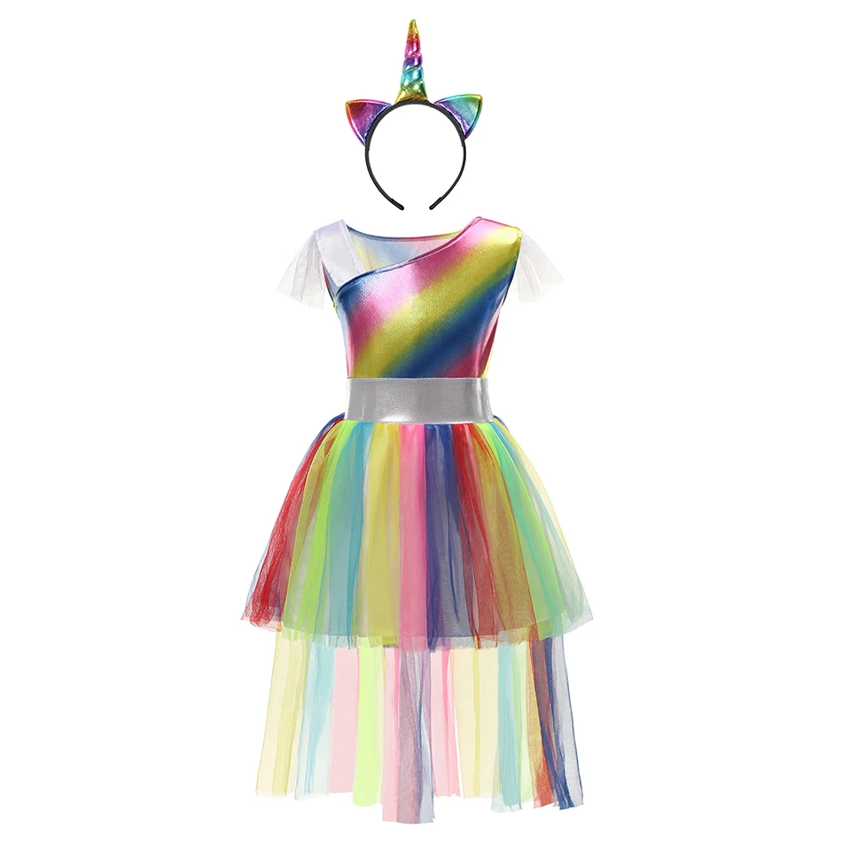 Girl Rainbow Unicorn Dresses Tutu Princess Party Children Christmas Halloween Cosplay Costume With Headband Wings 4-10Y |
