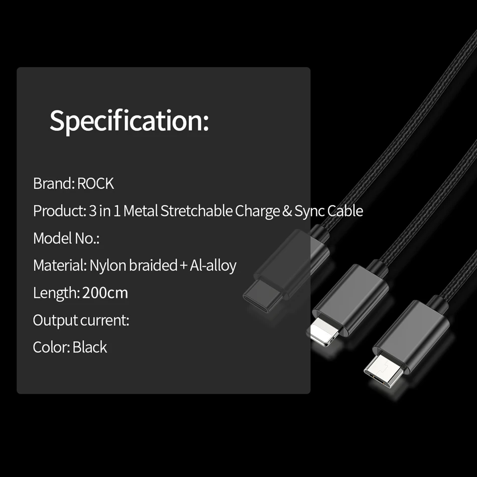 ROCK 3 в 1 USB кабель выдвижной пружинный кабель для iPhone samsung Xiaomi 3.3A Быстрая зарядка type-C кабель для передачи данных кабель
