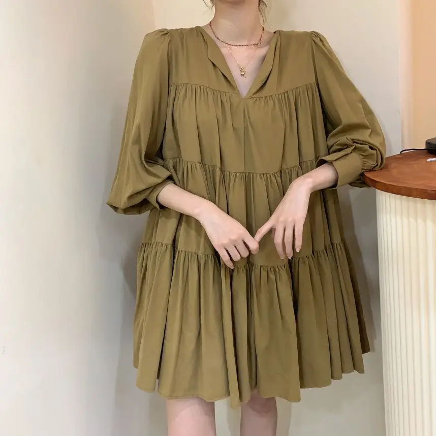 

Summer New Women'S Loose Casual V-Neck Pure Color Elegant Dress Oversized Long Sleeve Minimalist Wide Hem Pleated Straight Dress