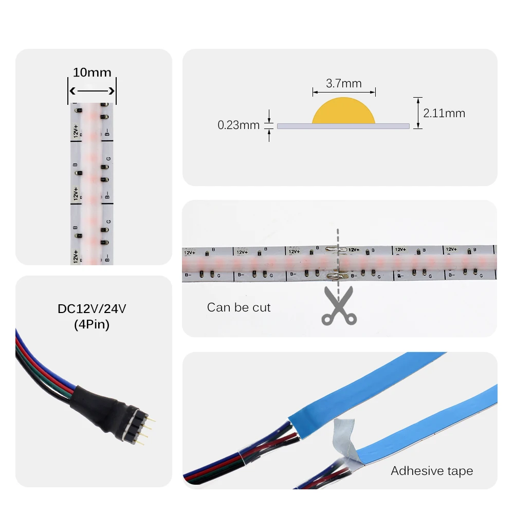 

DC12V 24V COB RGB LED Strip 10mm High Density Flexible Tape Light Super Bright Ribbon 630LEDs/m 5M/lot