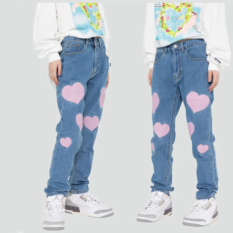 

IEFB Men's Street Fashion Washing Jeans Love Stickers Zipper Fly Medium Waist Straight Tube Casual Loose High Quality Pants 0244