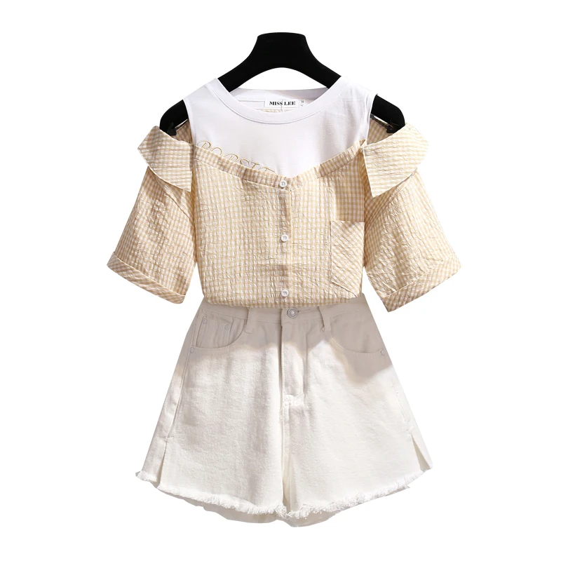 Женский летний комплект из 2 предметов Корейская рубашка в клетку с открытыми