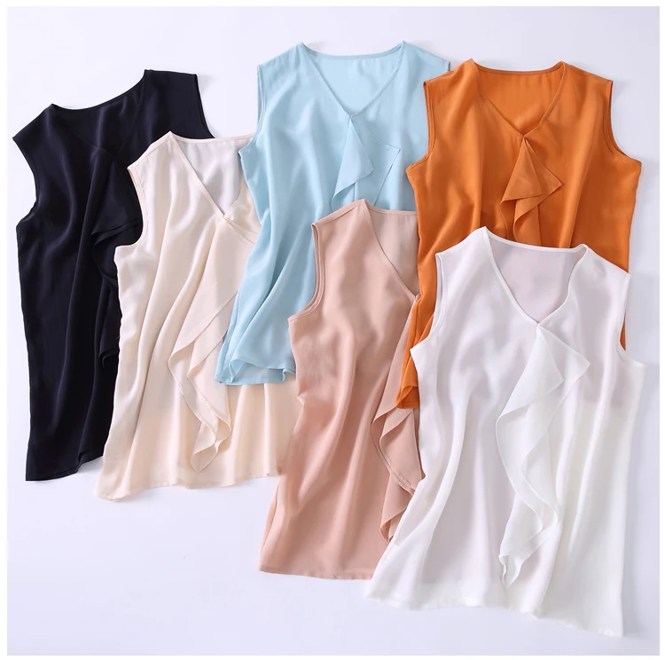 Женская блузка из 100% чистого шелка без рукавов с рюшами L XL JN019 | одежда