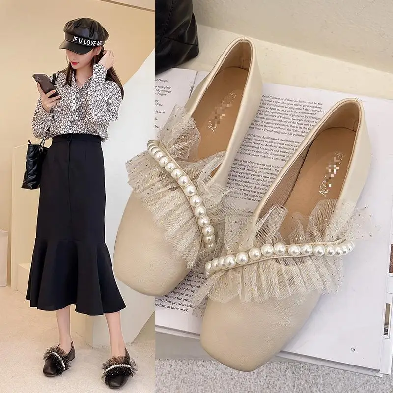 

Women Shoes Mary Janes Slip-on Square Toe String Bead Lace Brandleather Flats Single Shoes Sweet Women's Shoe Chaussure Femme