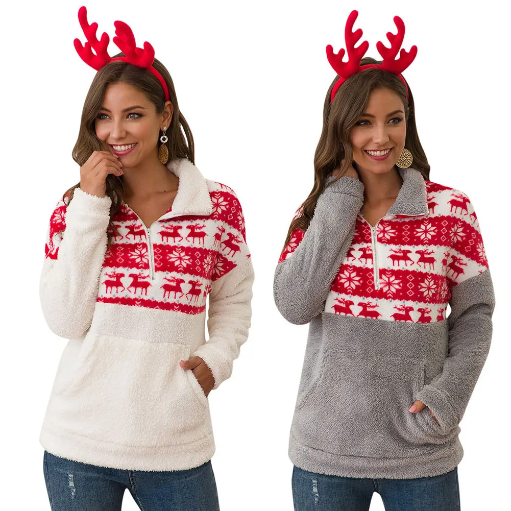 Рождественский пуловер с карманом домашний на молнии воротником каждый день