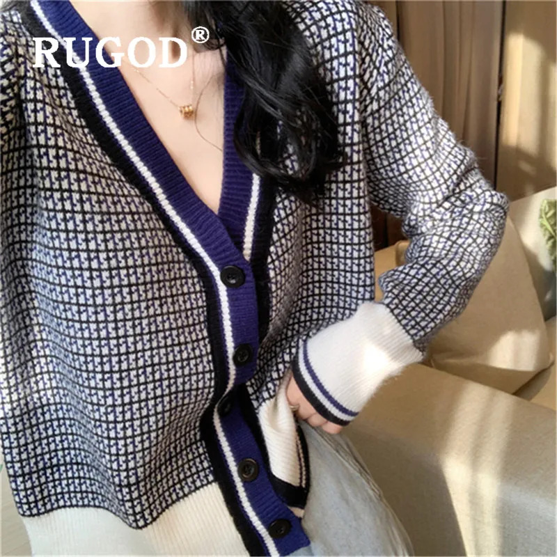 RUGOD Autumn Winter New Style Chic Plaid Sweater Contrast Color Single-breasted Knitted Cardigan Kpop Clothes Fashion 2019 |