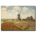 Картина маслом на холсте тюльпаны с ветряной мельницей, Клодом Моне, пейзаж, Настенная картина для гостиной, Постер импрессиониста