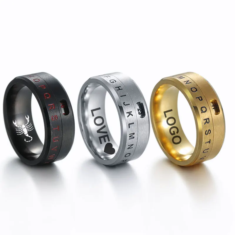 

New Personality Custom Fashion Retro Punk 26 English Letters Rotatable Stainless Steel Men And Women Couple Ring Jewelry For Her