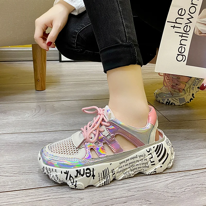 

2021 Sneakers Women Platform Shoes Fashion Hollow Breathable Ladies Trainers Thick Bottom Chunky Sneakers Women Chaussure Femme