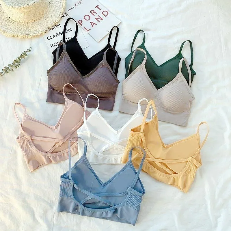 

Dreamlikelin Cross Straps Backless Bras for Women Rib Knit Cropped Top Wireless Padded Bralette Female Camisole Sport Underwear