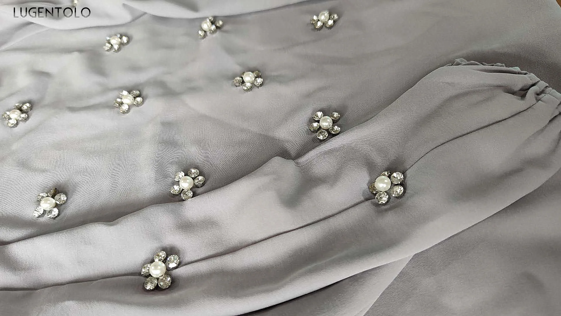 

Lugentolo Women Elegant Dress Loose New Beaded Flower Solid Long Sleeve Fashion Muslim Loose Big Swing Lady Dinner Maxi Dresses