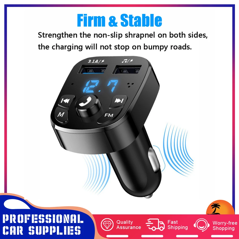 

Hands-free Wireless Blue-Tooths 5.0 FM Transmitter Car MP3 Player LED Display with Dual USB Ports Fast Charging USB Car Charger