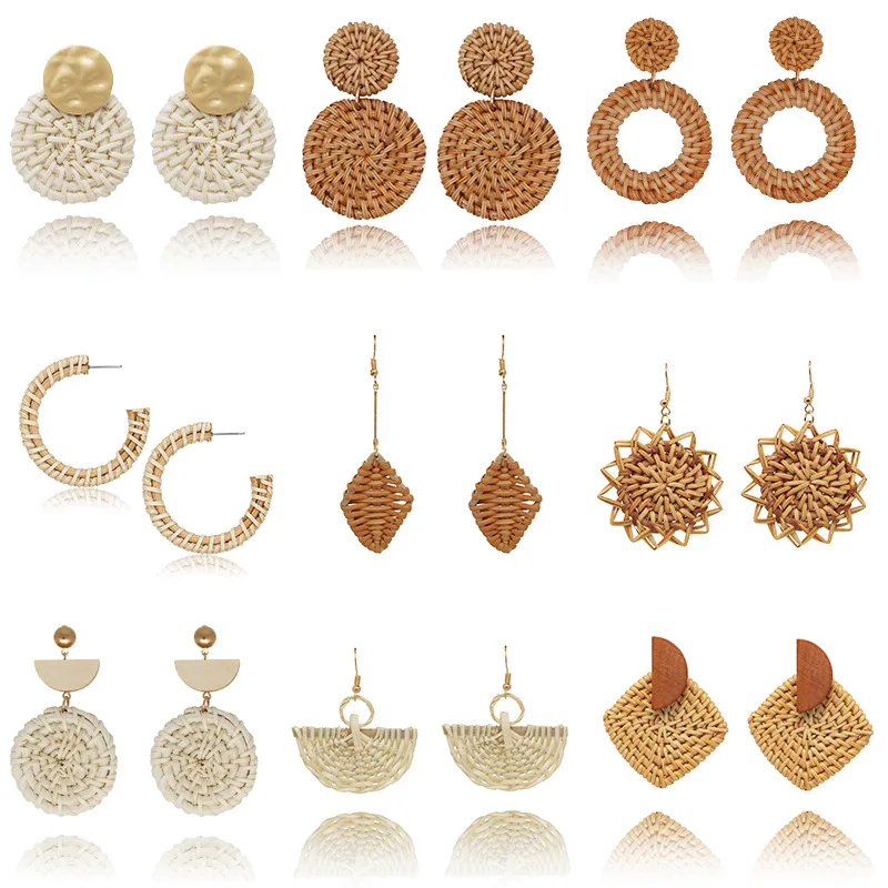 

Origin Summer Handmade Rattan Pendant Drop Earrings for Women Round Hanging Rattan Straw Weave Knit Vine Earrings Beach Jewelry