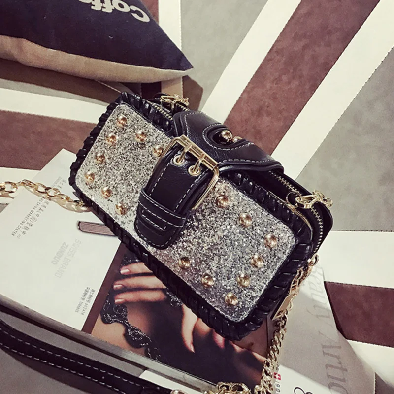 

Korean Messenger Bag New Solid Color Rivet Multi Layer Chain Women Shoulder Bag High Quality PU Woven Female Small Square Bag