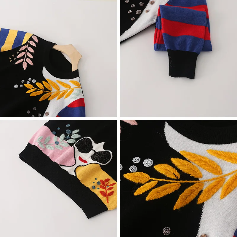 Свитер женский осенне-зимний вязаный с круглым вырезом и вышивкой | Женская