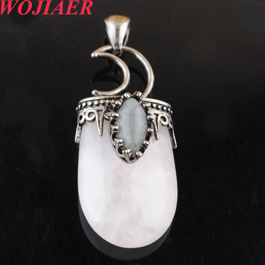 

WOJIAER Natural Stone Rose Quartzs Pendant Antique Silver-Color Crown Moon Labradorite Geometric Women Men Trendy Jewelry PO9079