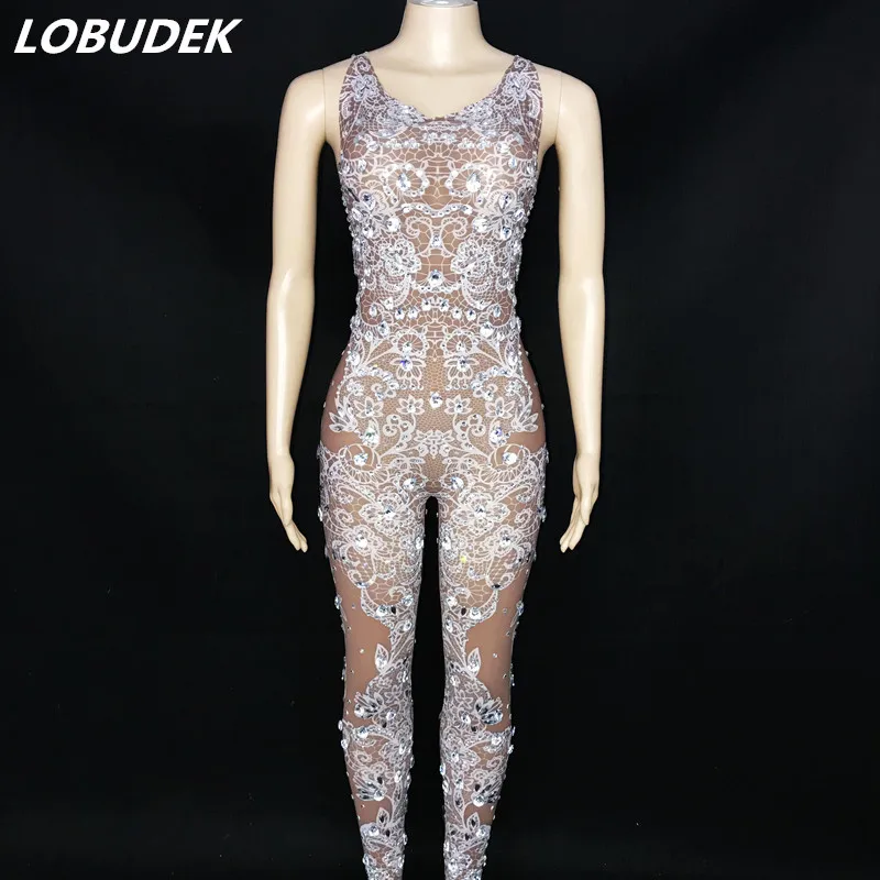 Silver Rhinestones Lace Printed Sleeveless Stretch Jumpsuit Birthday Prom Celebrate Stage Outfit Bar Club Party Leotard Costume