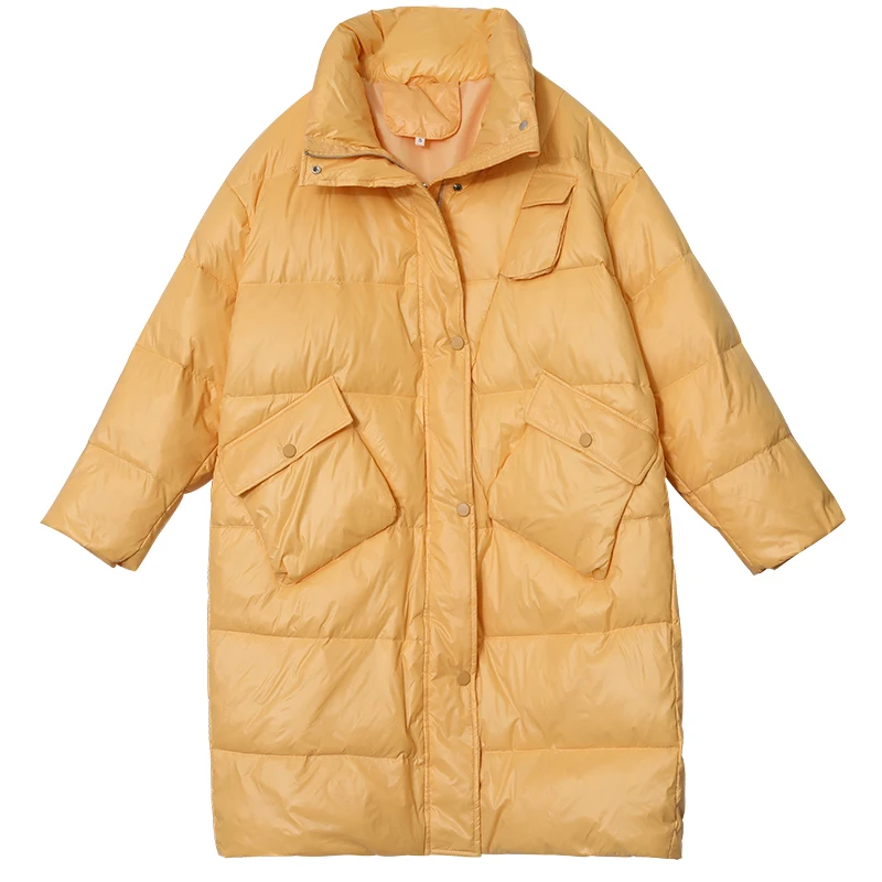 

LY VAREY LIN Winter Snow Outwear Women Casual Female Loose Fit Stand Collar Zipper Pocket Coat Thick Warm White Down Long Jacket