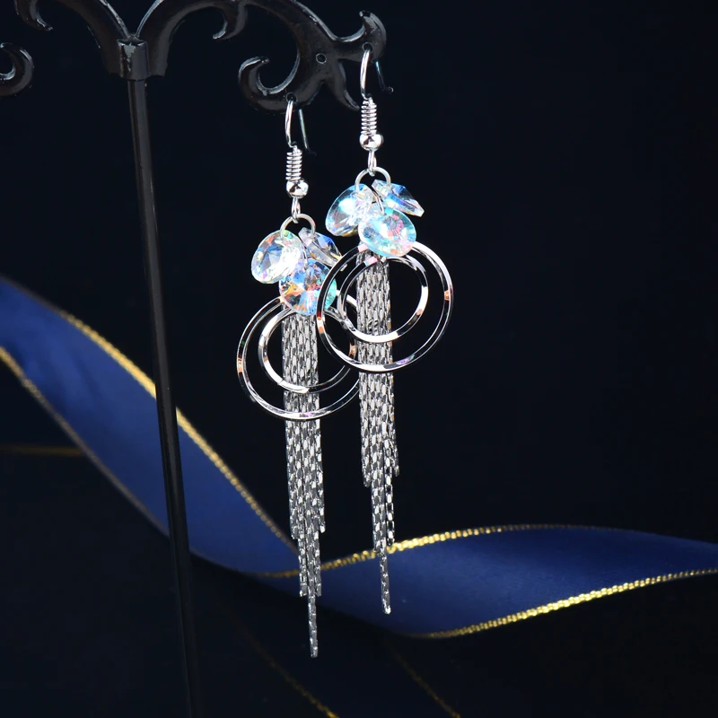 SINLEERY Round Circle Long Tassel Earring Yellow Gold Silver Color Crystal Earrings For Women 2021 wedding accessories ZD1 SSB | Украшения