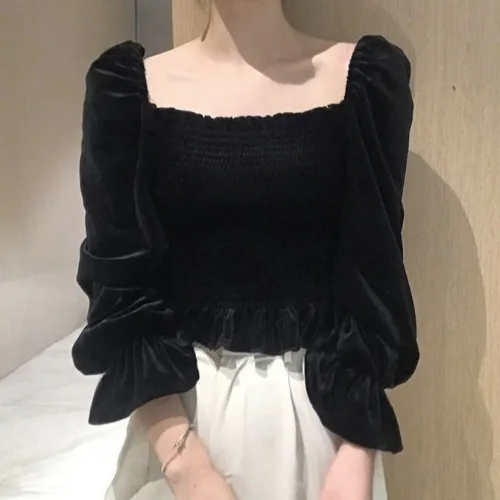 

Korean new vintage ruffles Elastic stretch Self-cultivation square collar long sleeve crop tops Blouses Shirts vetement femme