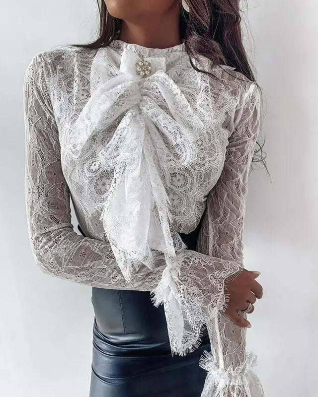 

Fashion Women Lace Long Sleeve Hollow Out Blouse Ladies Girl Casual Slim Bowknot OL Tops Shirts Blouses