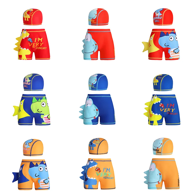 

0-8T Kids Swimsuit Cartoon Dinosaur Print Swim Trunks Boy Swimwear with Hat Beach Short for Toddler Children Swimming Clothing